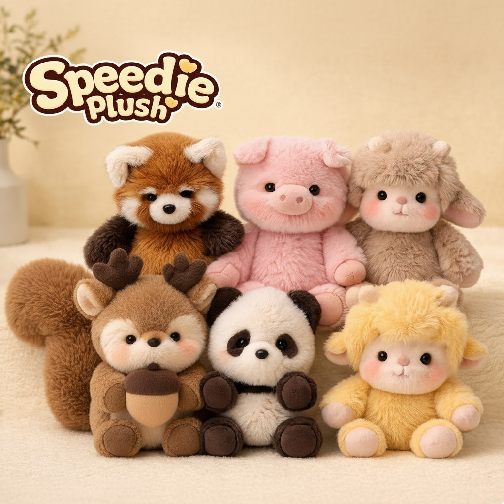 Collection of plush toys including a raccoon, pig, llama, deer, panda, and lamb with 'Speedie Plush' branding.